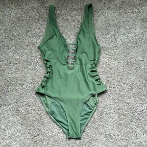 Green One Piece Plunge Swimsuit Tiedye Size Medium xoxo